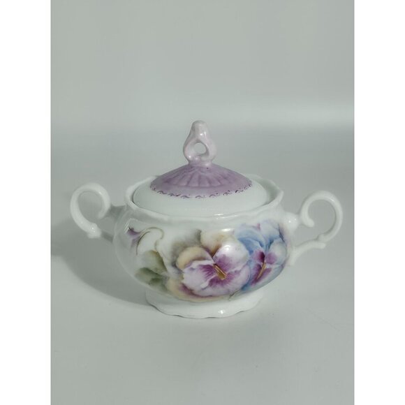 Antique Hand Painted Porcelain Sugar Bowl With Purple Lid & Floral Design - Picture 3 of 12
